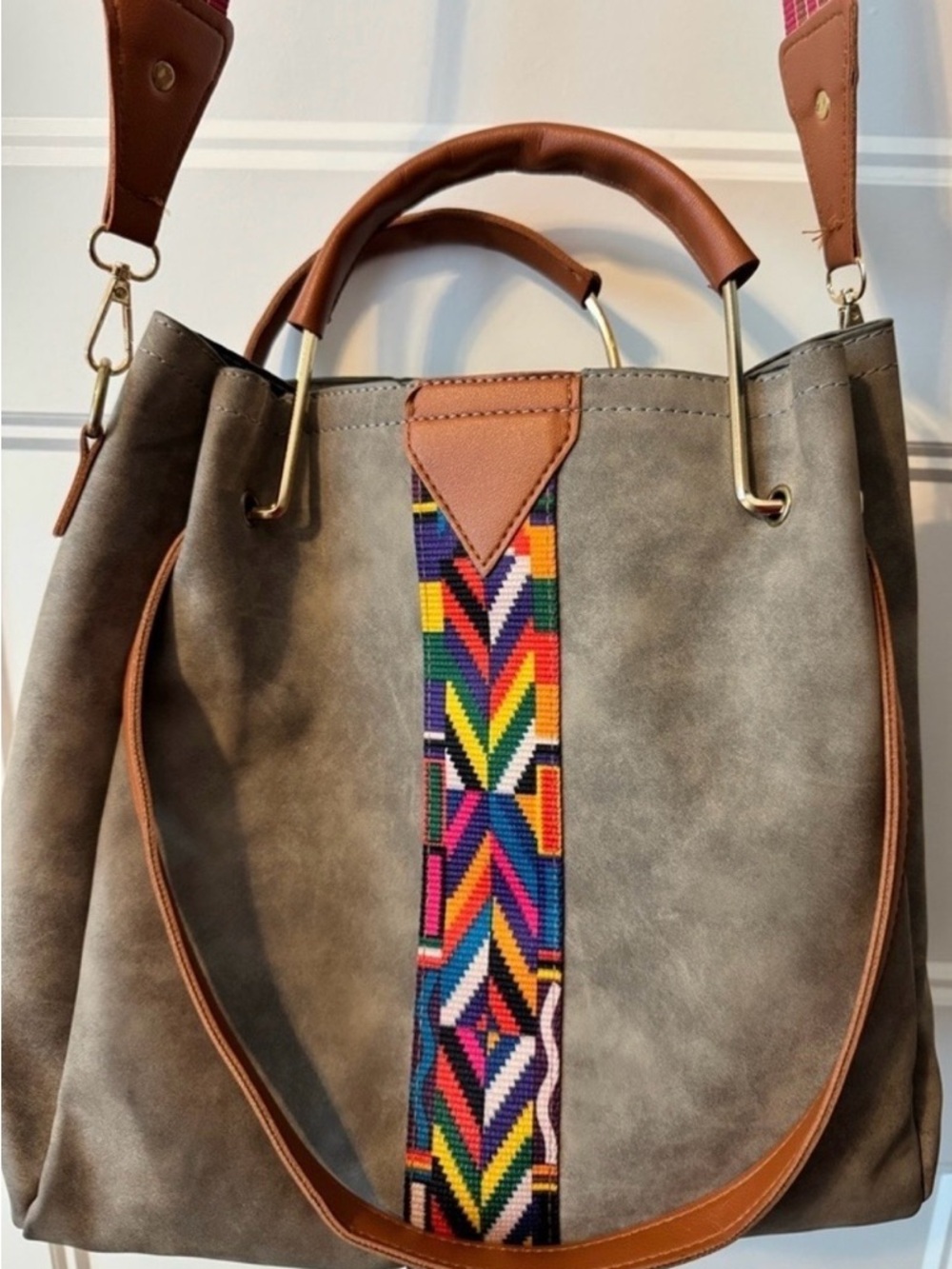 Boho Gray Faux Suede Tote Bag Aztec Woven Strap Crossbody Southwest Purse